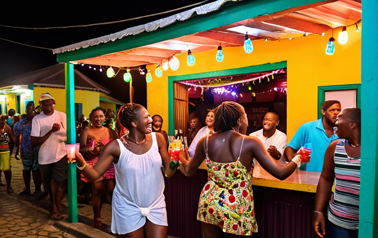 A vibrant, authentic street bar in Basseterre, St. Kitts at night. Locals and tourists laughing and dancing spontaneously to a live reggae and calypso band. Colorful strung lights illuminate the festive atmosphere, with people holding rum punch cocktails, capturing the joyful communal spirit.