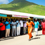 **

A vibrant scene of a local cricket match in Saint Kitts and Nevis. Show people of all ages and backgrounds cheering enthusiastically. Include elements like colorful clothing, local food vendors, and the beautiful landscape of the islands in the background. The overall feeling should be one of community spirit and national pride.

**