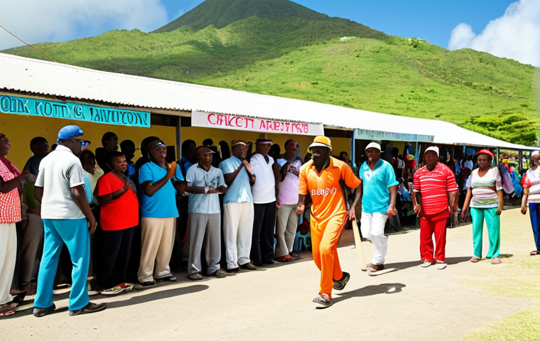 **

A vibrant scene of a local cricket match in Saint Kitts and Nevis. Show people of all ages and backgrounds cheering enthusiastically. Include elements like colorful clothing, local food vendors, and the beautiful landscape of the islands in the background. The overall feeling should be one of community spirit and national pride.

**