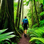 Tropical Rainforest Scene**

"Lush tropical rainforest scene in Nevis, dense foliage, towering trees, vibrant green, glimpse of a hiking trail, sunlight filtering through canopy, fully clothed hiker with backpack, appropriate attire, safe for work, perfect anatomy, natural proportions, professional nature photography, high quality, family-friendly."

**