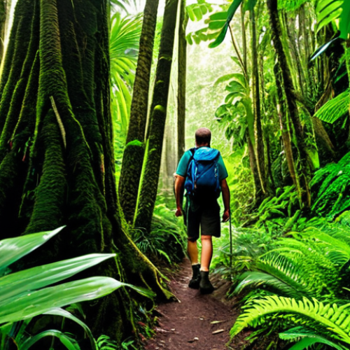 Tropical Rainforest Scene**

"Lush tropical rainforest scene in Nevis, dense foliage, towering trees, vibrant green, glimpse of a hiking trail, sunlight filtering through canopy, fully clothed hiker with backpack, appropriate attire, safe for work, perfect anatomy, natural proportions, professional nature photography, high quality, family-friendly."

**