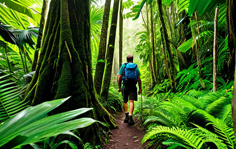 Tropical Rainforest Scene**

"Lush tropical rainforest scene in Nevis, dense foliage, towering trees, vibrant green, glimpse of a hiking trail, sunlight filtering through canopy, fully clothed hiker with backpack, appropriate attire, safe for work, perfect anatomy, natural proportions, professional nature photography, high quality, family-friendly."

**